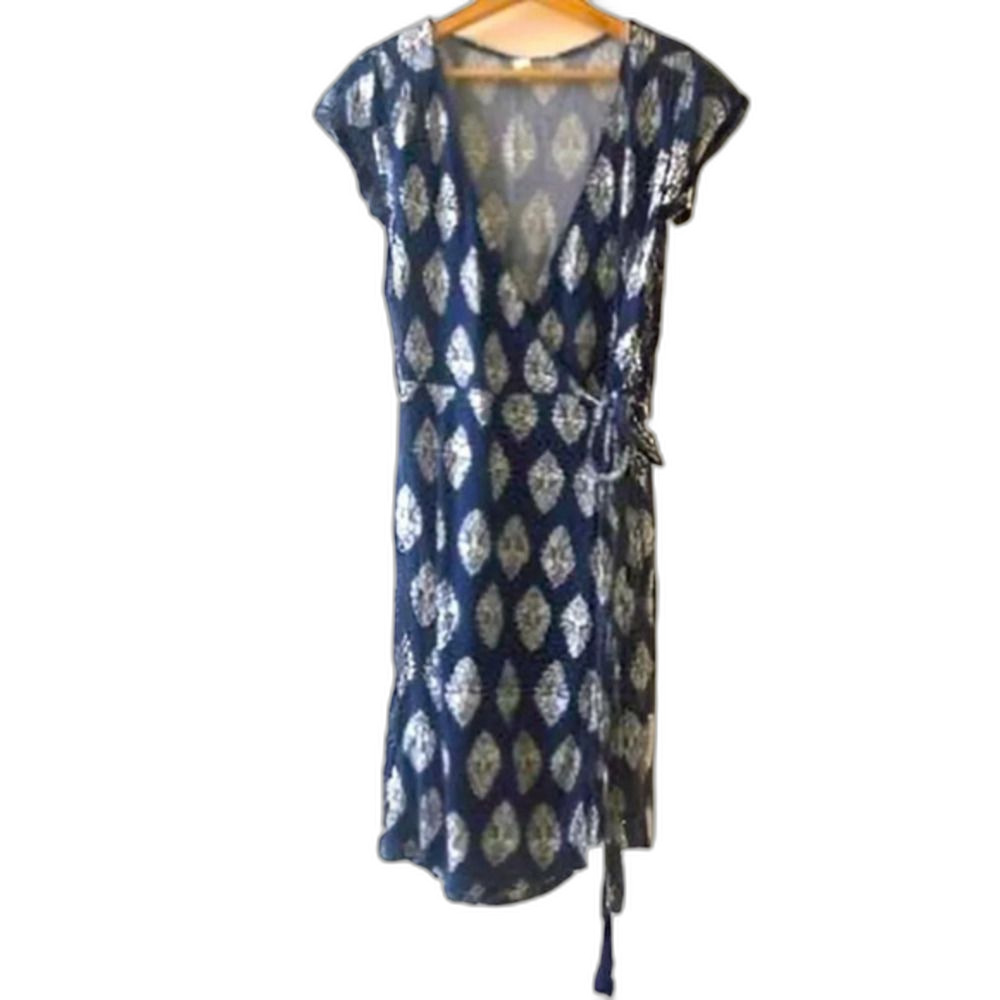 Old Navy Blue Wrap Dress Medium Cap Sleeve Print Office Y2K Boho Vintage Comfy